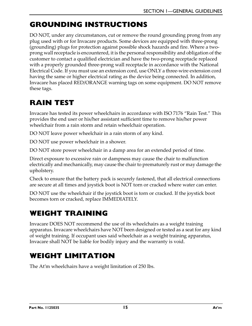 Grounding instructions, Rain test, Weight training | Weight limitation | Invacare At'm User Manual | Page 15 / 44