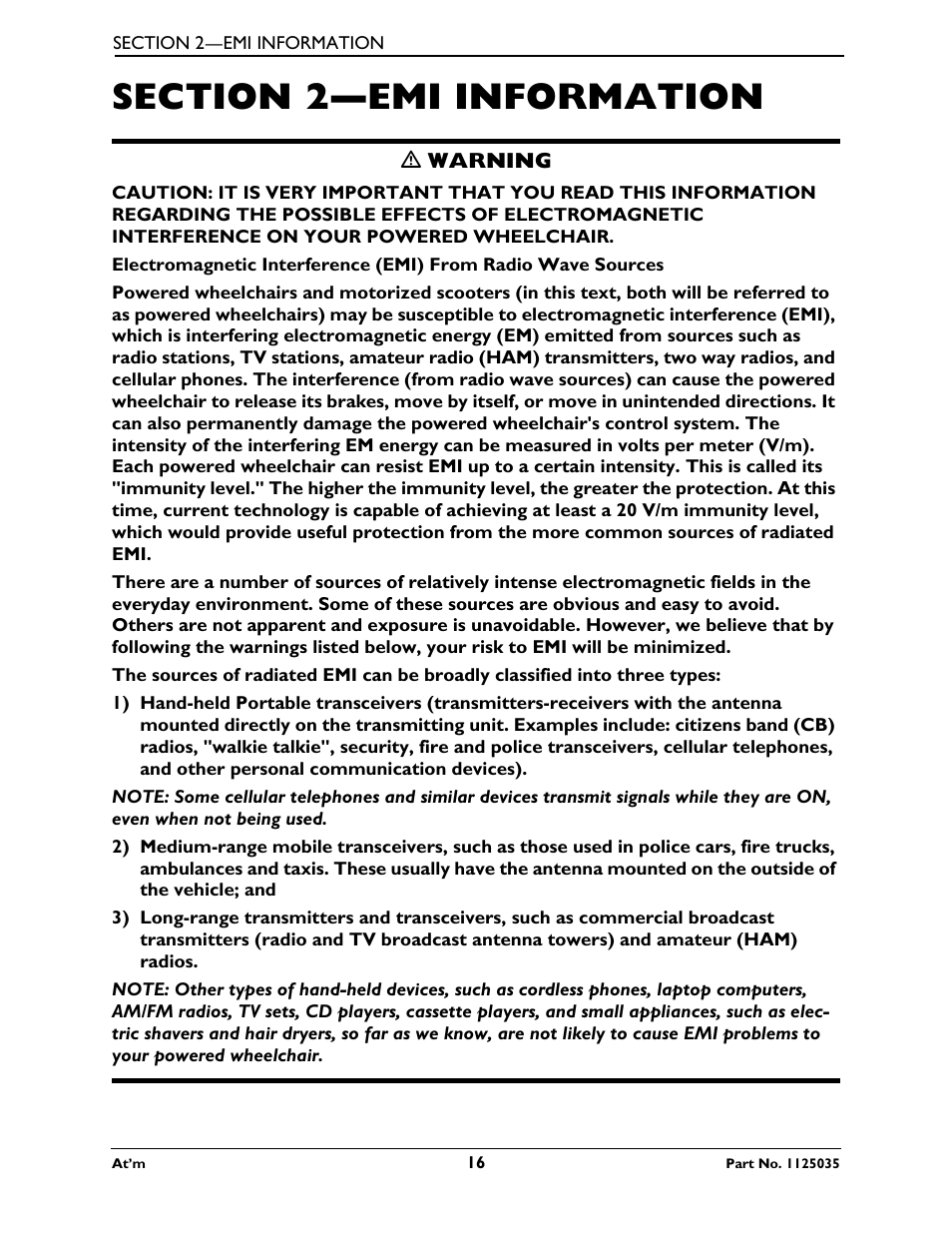 Section 2- emi information, Section 2—emi information | Invacare At'm User Manual | Page 16 / 44