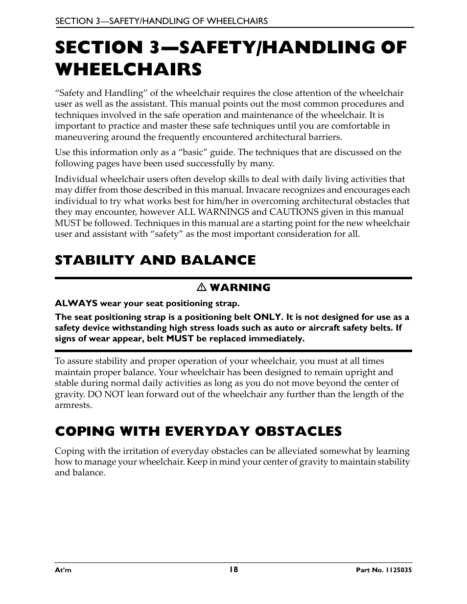 Section 3- safety/handling of wheelchairs, Stability and balance, Coping with everyday obstacles | Section 3—safety/handling of wheelchairs | Invacare At'm User Manual | Page 18 / 44