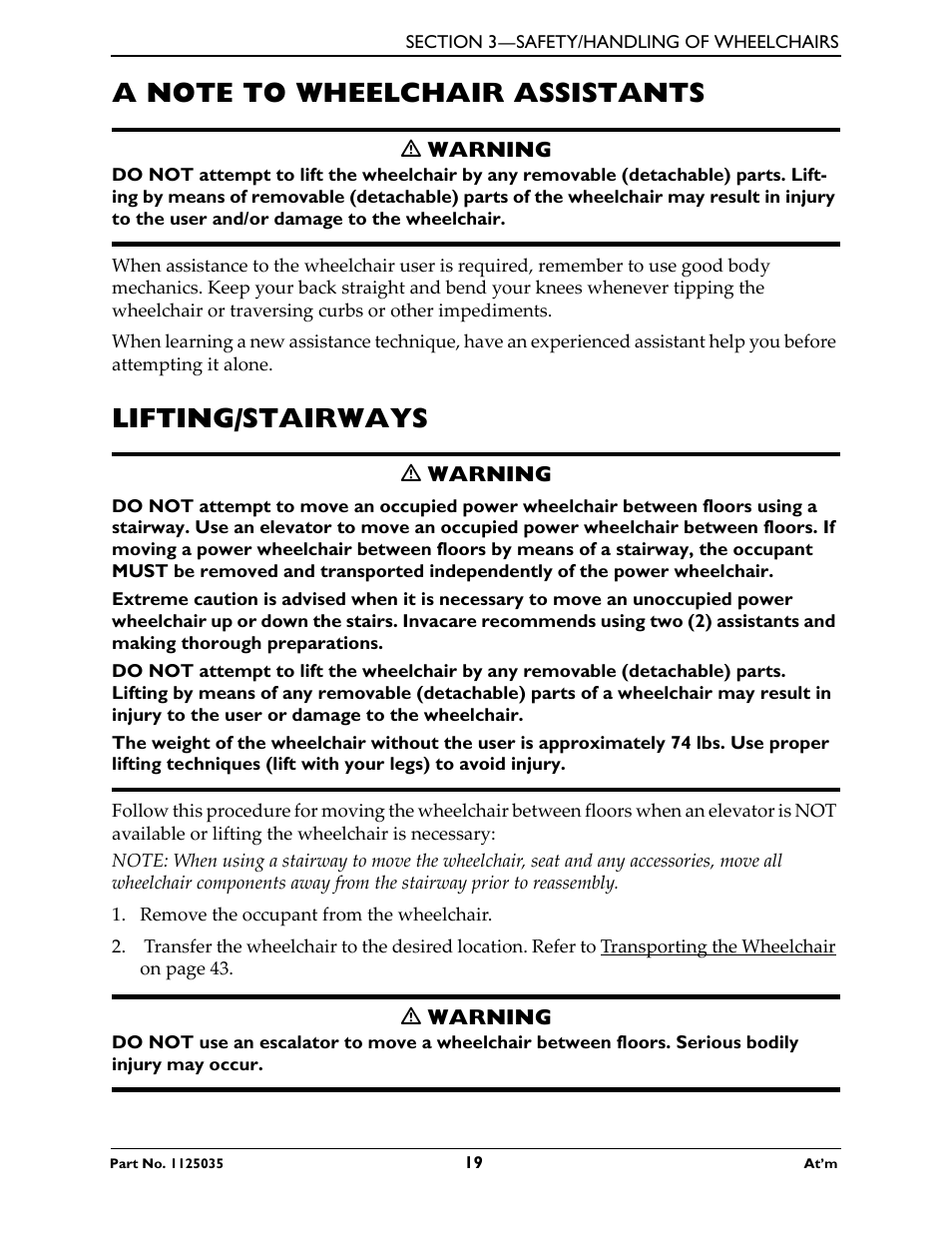 A note to wheelchair assistants, Lifting/stairways, A note to wheelchair assistants lifting/stairways | Invacare At'm User Manual | Page 19 / 44