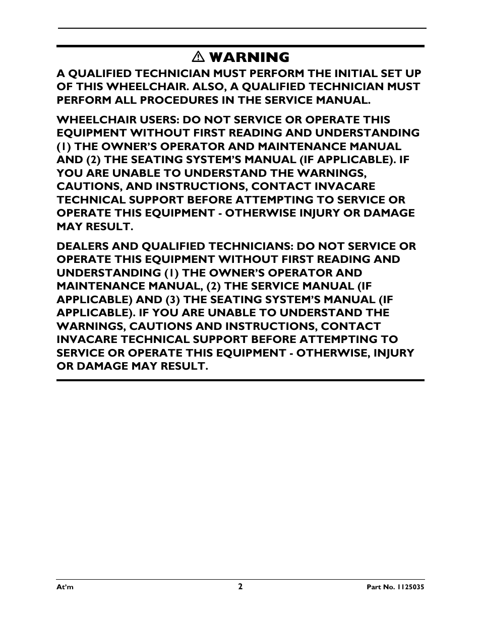 Ƽ warning | Invacare At'm User Manual | Page 2 / 44