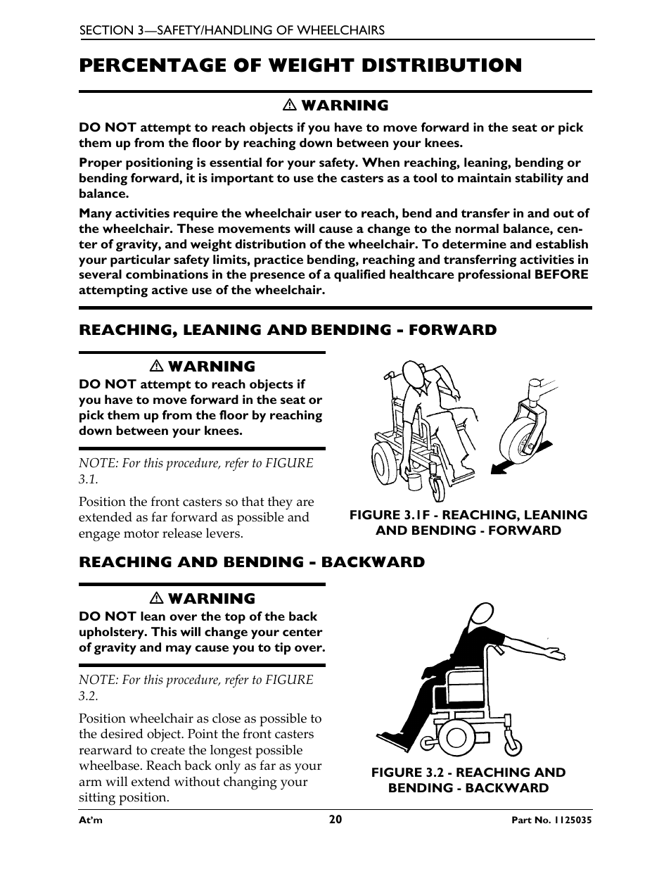 Percentage of weight distribution, Reaching, leaning and bending - forward, Reaching and bending - backward | Invacare At'm User Manual | Page 20 / 44