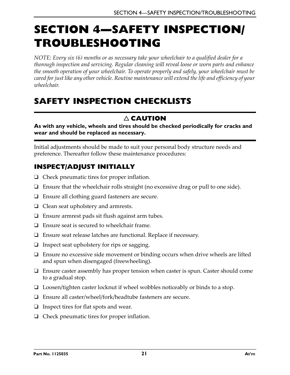 Section 4- safety inspection/ troubleshooting, Safety inspection checklists, Inspect/adjust initially | Section 4—safety inspection/troubleshooting | Invacare At'm User Manual | Page 21 / 44