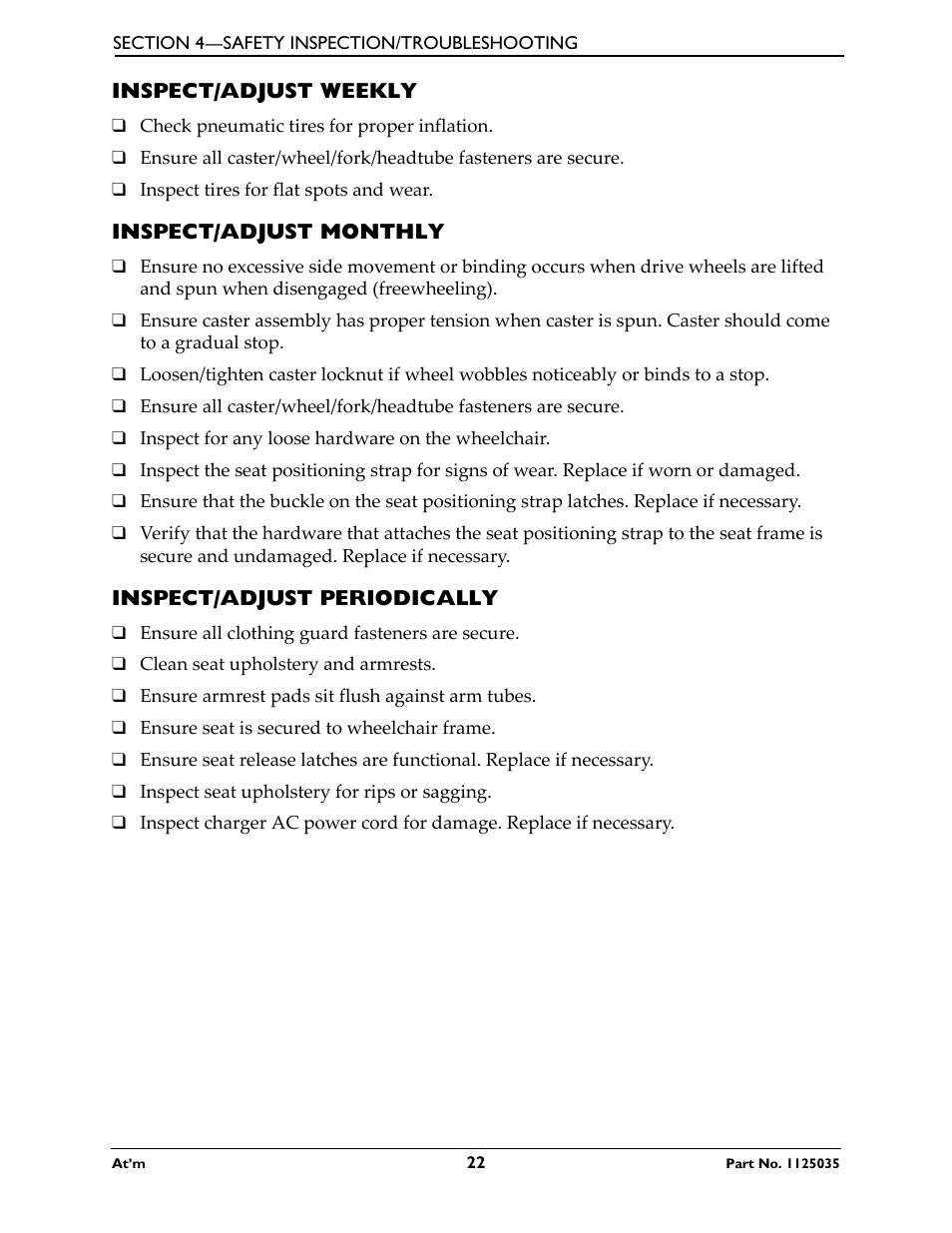 Inspect/adjust weekly, Inspect/adjust monthly, Inspect/adjust periodically | Invacare At'm User Manual | Page 22 / 44