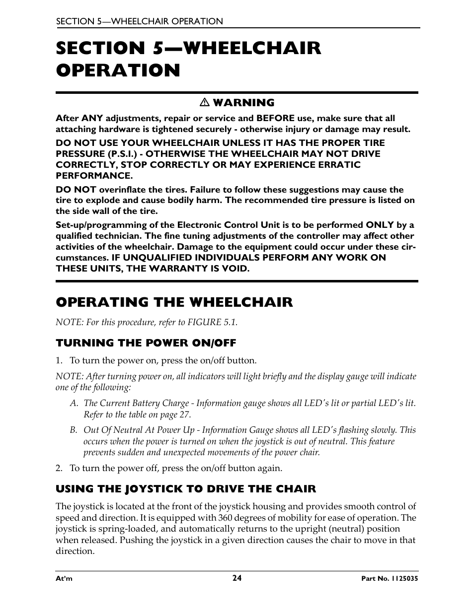 Section 5- wheelchair operation, Operating the wheelchair, Turning the power on/off | Using the joystick to drive the chair, Section 5—wheelchair operation | Invacare At'm User Manual | Page 24 / 44