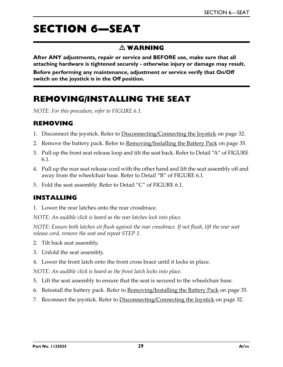 Section 6- seat, Removing/installing the seat, Removing | Installing, Section 6—seat | Invacare At'm User Manual | Page 29 / 44