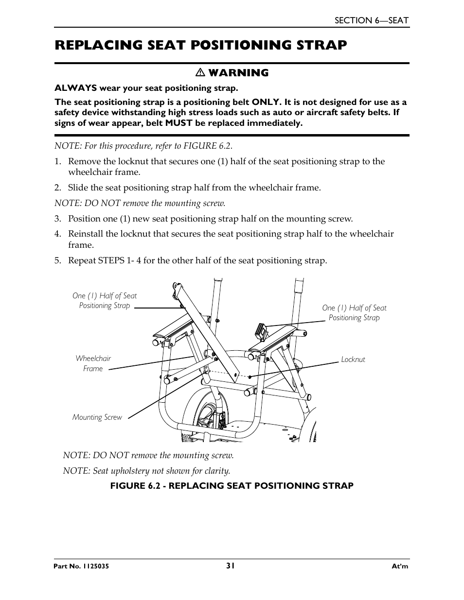 Replacing seat positioning strap | Invacare At'm User Manual | Page 31 / 44