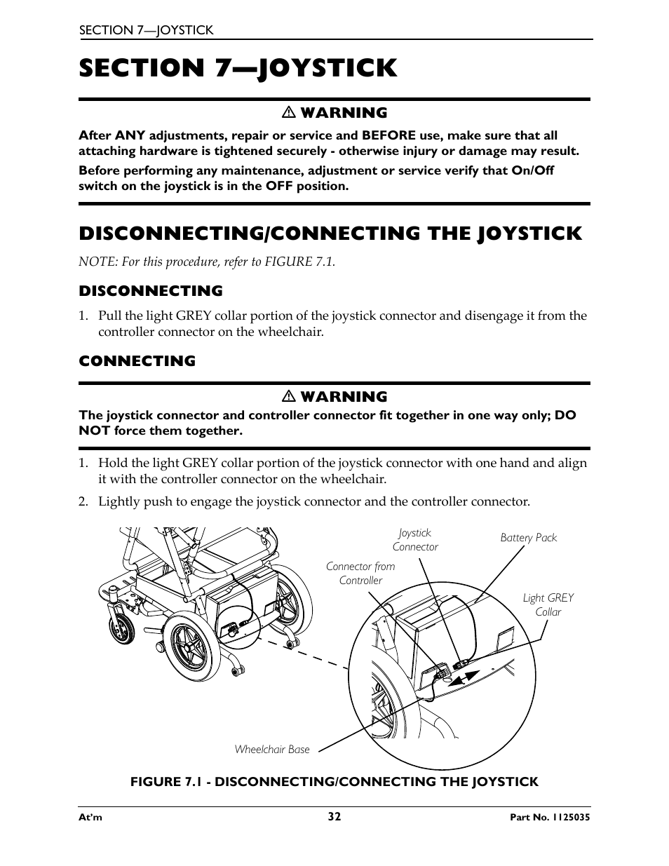 Section 7- joystick, Disconnecting/connecting the joystick, Disconnecting | Connecting, Section 7—joystick | Invacare At'm User Manual | Page 32 / 44