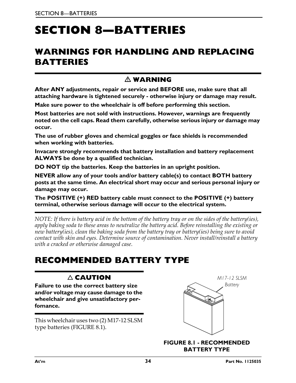 Section 8- batteries, Warnings for handling and replacing batteries, Recommended battery type | Section 8—batteries | Invacare At'm User Manual | Page 34 / 44