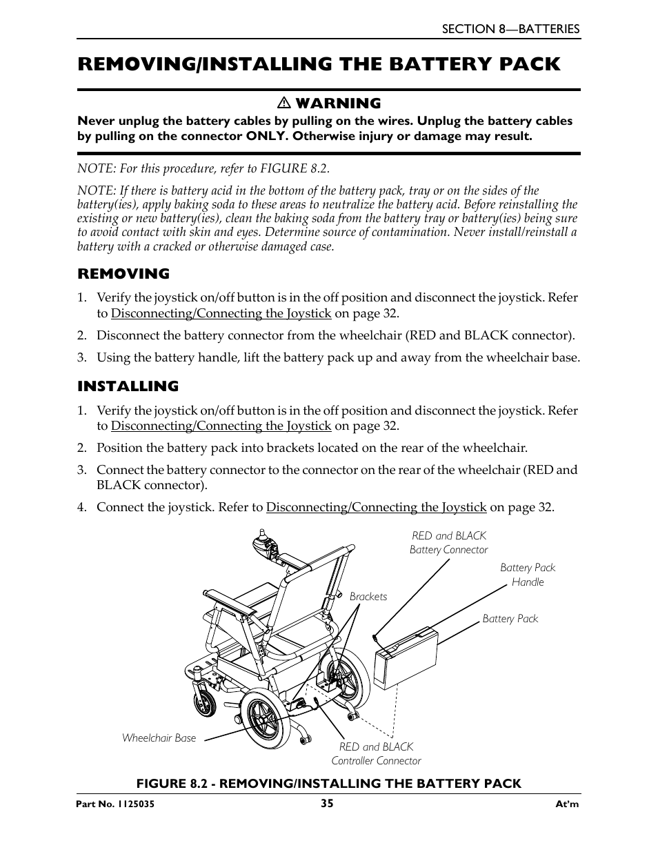 Removing/installing the battery pack, Removing, Installing | Refer to removing/installing the | Invacare At'm User Manual | Page 35 / 44