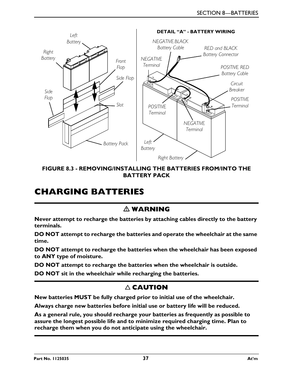 Charging batteries, Fer to figure 8.3, Ck in the orientation shown in figure 8.3 | Ƽ warning, Caution | Invacare At'm User Manual | Page 37 / 44