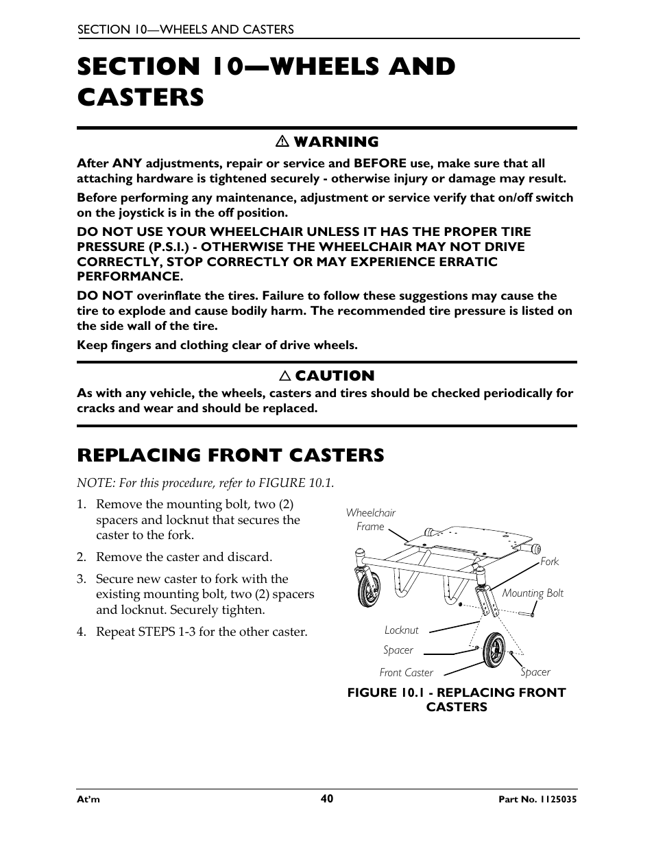 Section 10- wheels and casters, Replacing front casters, Section 10—wheels and casters | Invacare At'm User Manual | Page 40 / 44