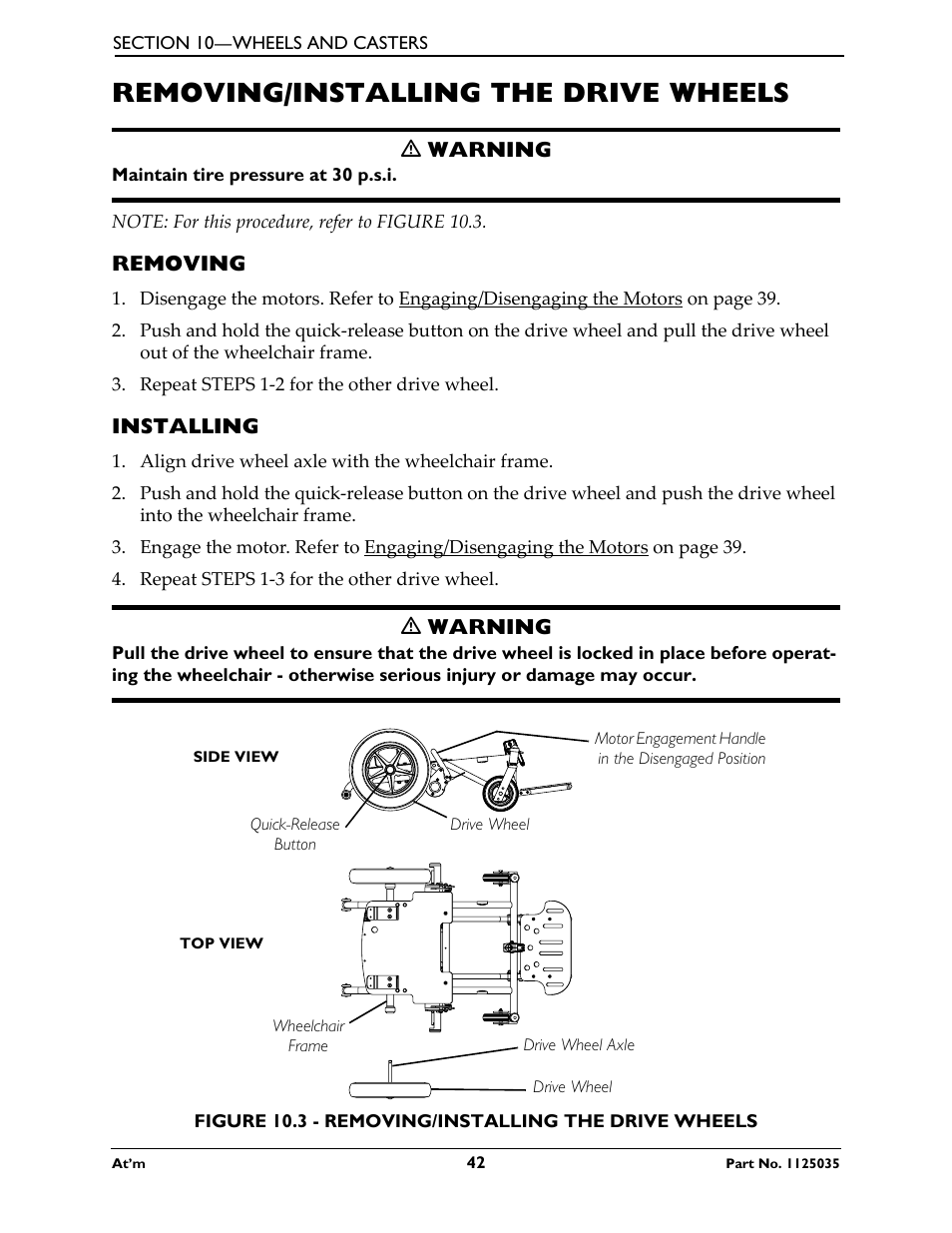 Removing/installing the drive wheels, Removing, Installing | Invacare At'm User Manual | Page 42 / 44