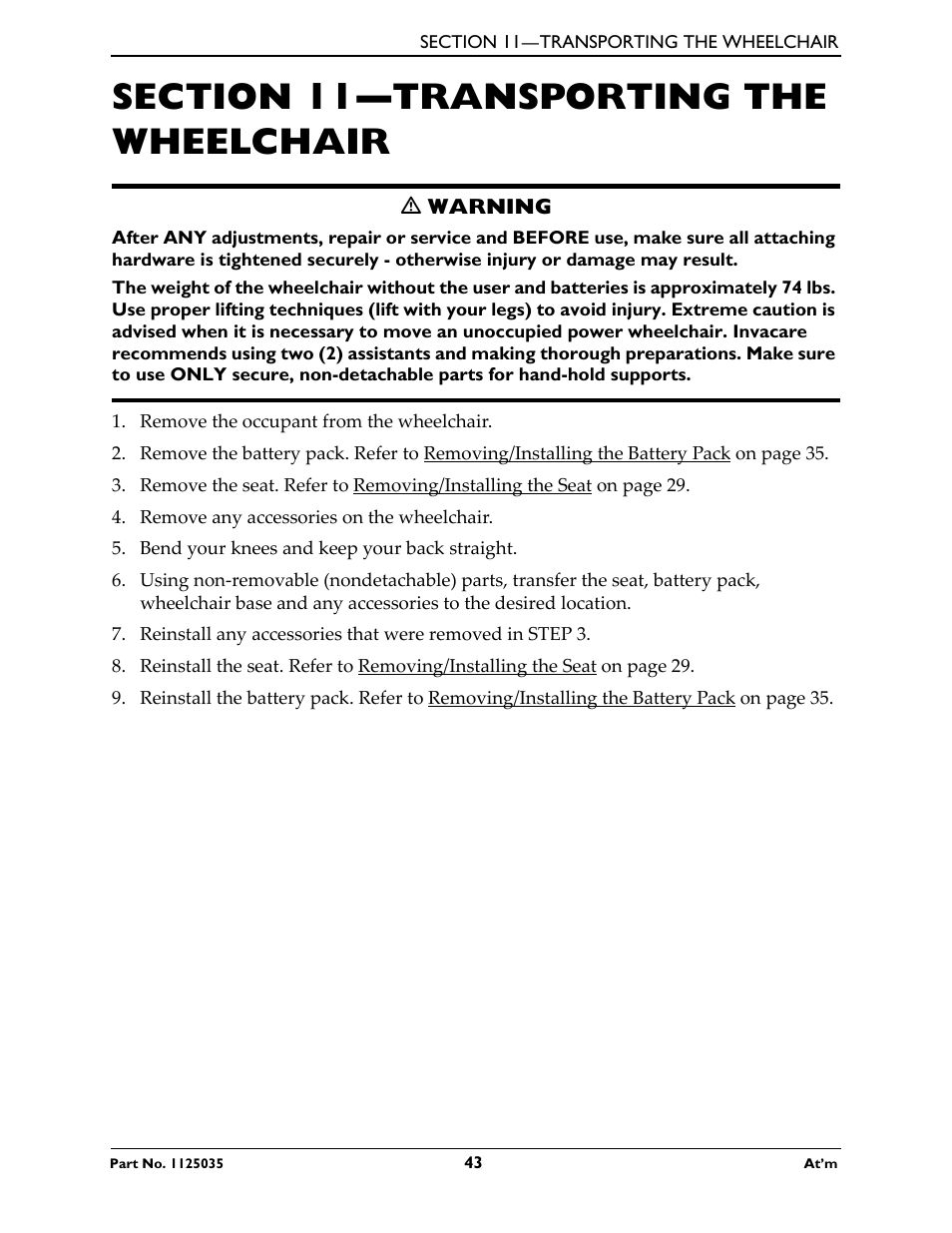 Section 11- transporting the wheelchair, Section 11—transporting the wheelchair | Invacare At'm User Manual | Page 43 / 44