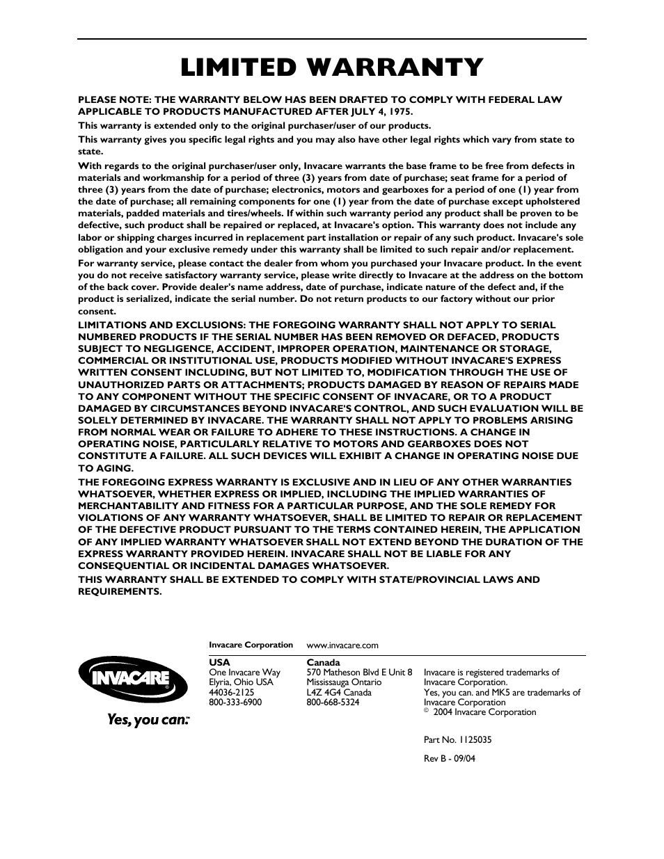 Limited warranty, Part no. 1125035 | Invacare At'm User Manual | Page 44 / 44