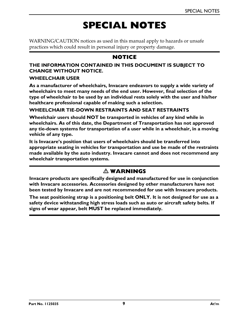 Special notes | Invacare At'm User Manual | Page 9 / 44