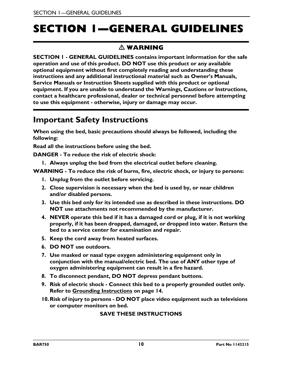 Section 1—general guidelines, Important safety instructions | Invacare BAR750 User Manual | Page 10 / 32