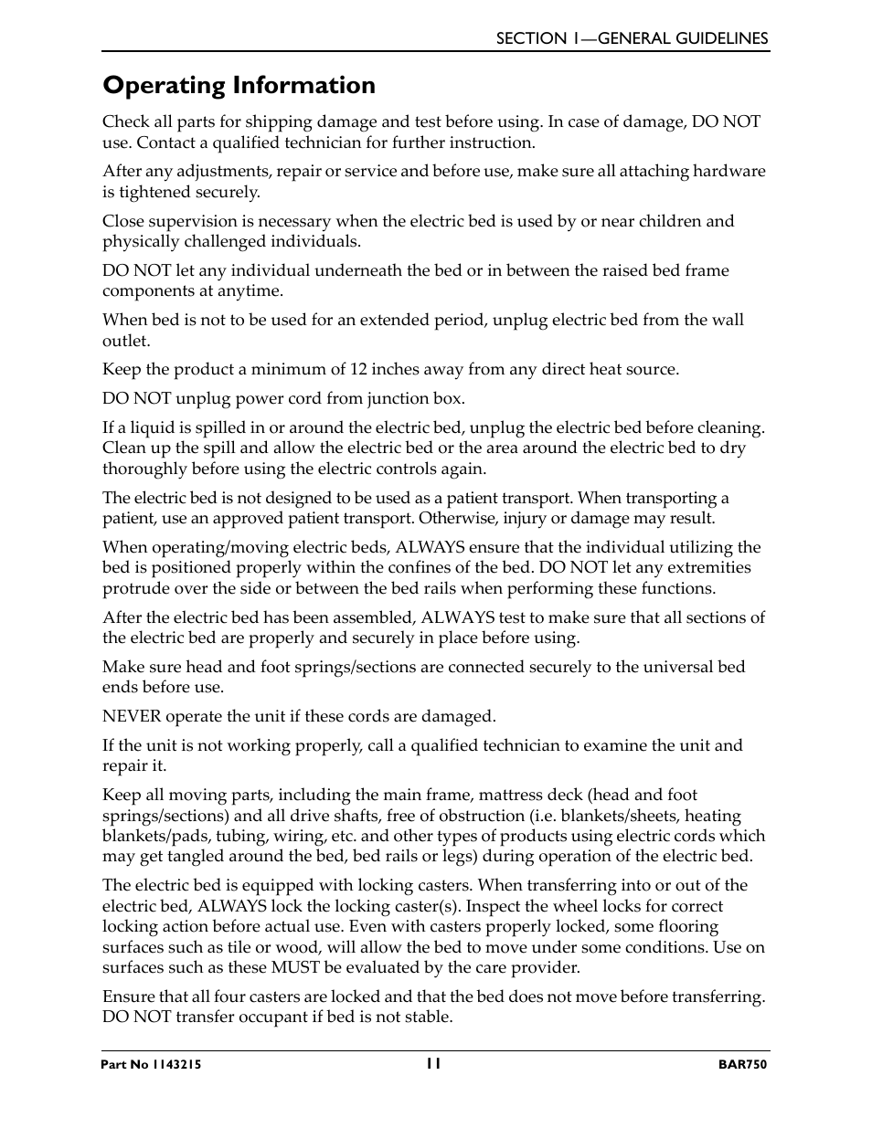 Operating information | Invacare BAR750 User Manual | Page 11 / 32