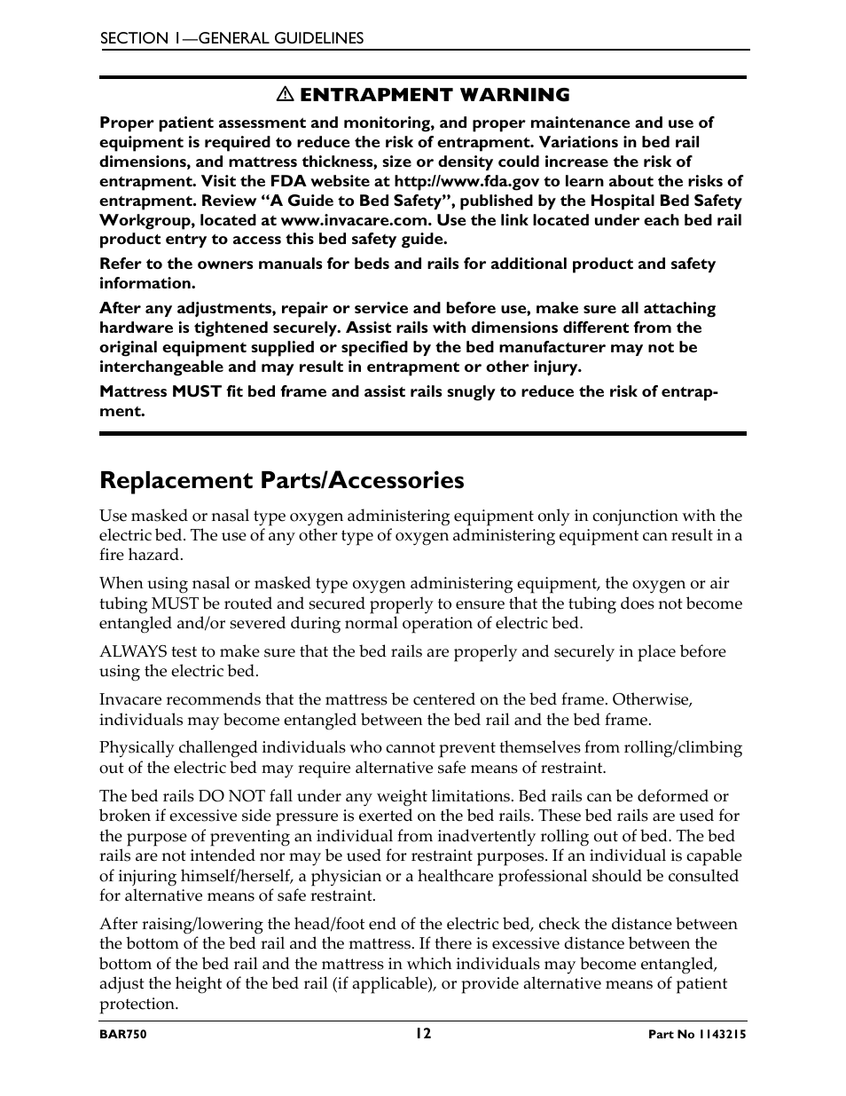 Replacement parts/accessories | Invacare BAR750 User Manual | Page 12 / 32