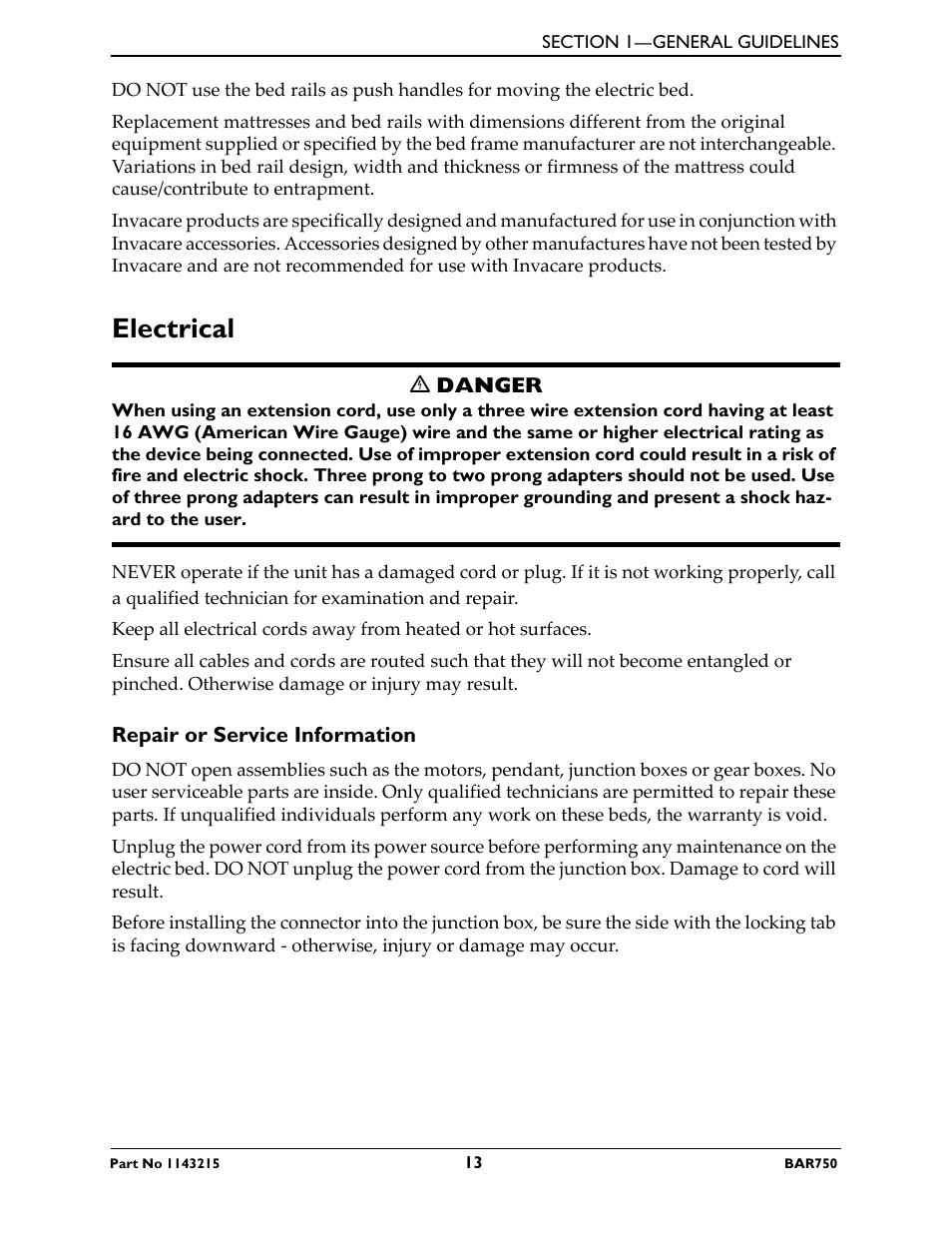 Electrical, Repair or service information | Invacare BAR750 User Manual | Page 13 / 32