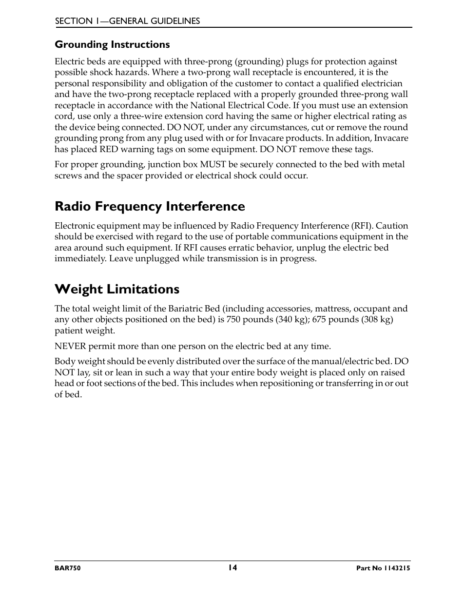 Grounding instructions, Radio frequency interference weight limitations, Radio frequency interference | Weight limitations | Invacare BAR750 User Manual | Page 14 / 32