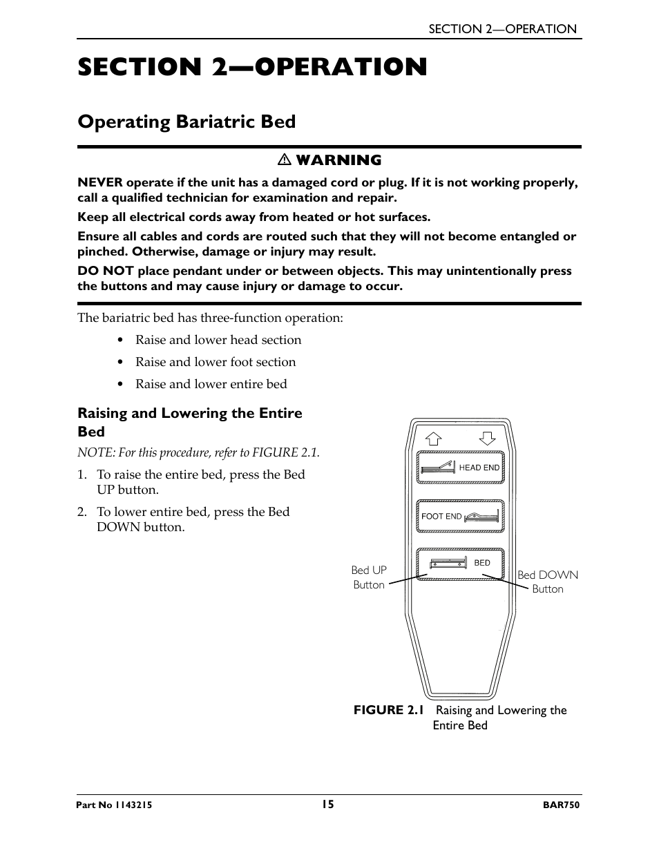 Section 2—operation, Operating bariatric bed, Raising and lowering the entire bed | Invacare BAR750 User Manual | Page 15 / 32