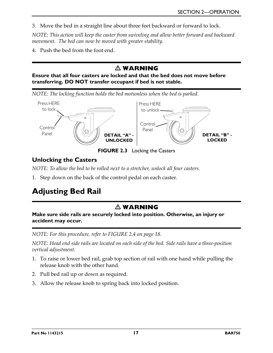 Unlocking the casters, Adjusting bed rail | Invacare BAR750 User Manual | Page 17 / 32