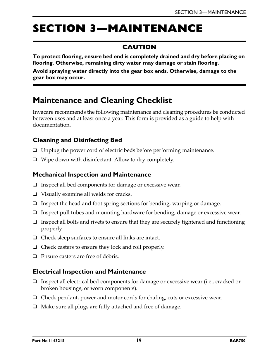 Section 3—maintenance, Maintenance and cleaning checklist, Cleaning and disinfecting bed | Mechanical inspection and maintenance, Electrical inspection and maintenance | Invacare BAR750 User Manual | Page 19 / 32