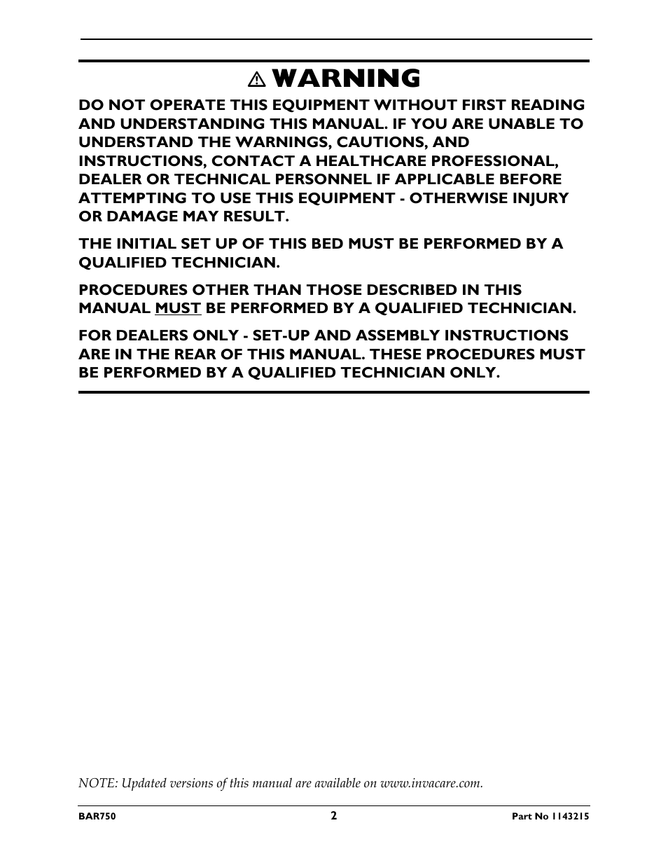 Warning | Invacare BAR750 User Manual | Page 2 / 32