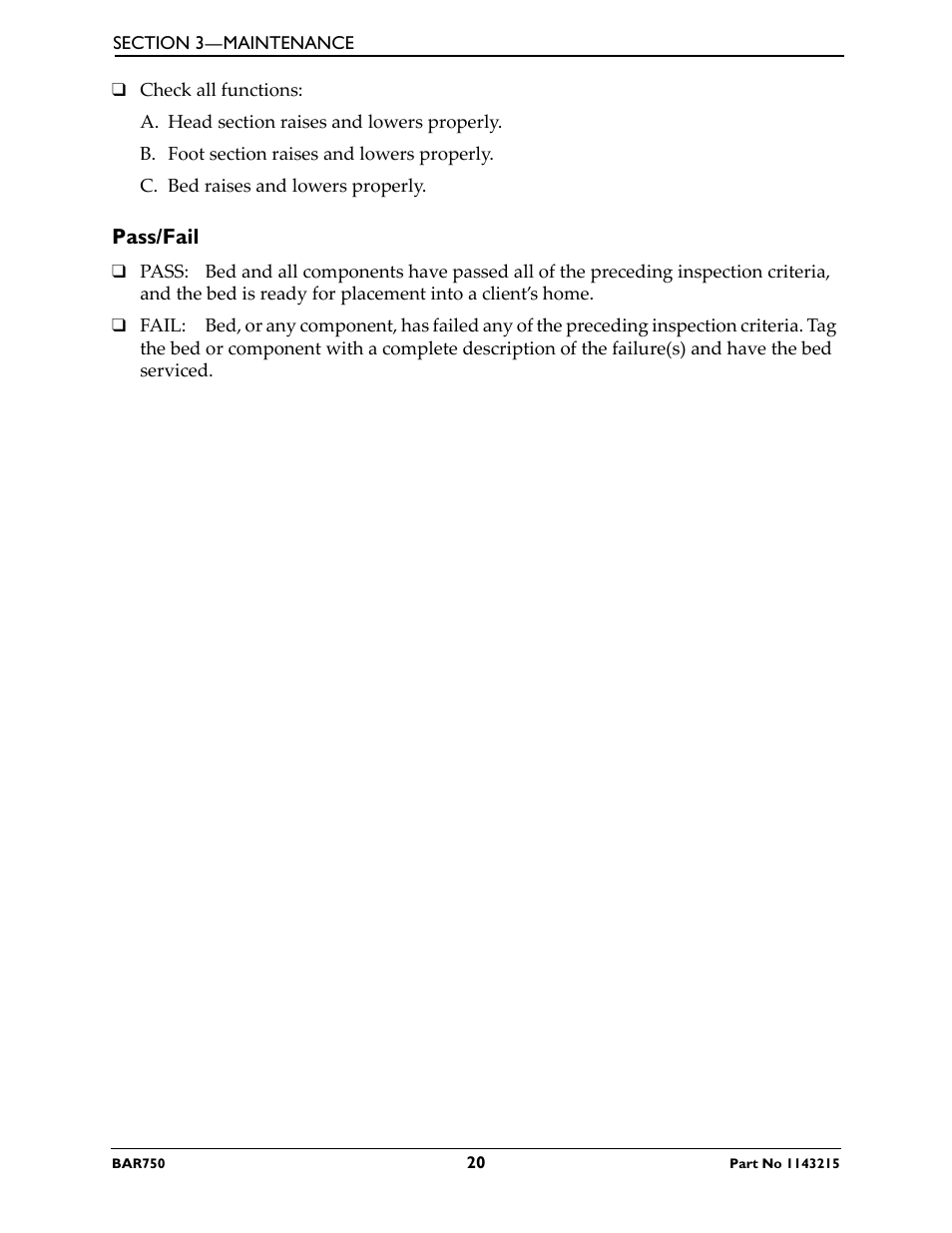 Pass/fail | Invacare BAR750 User Manual | Page 20 / 32