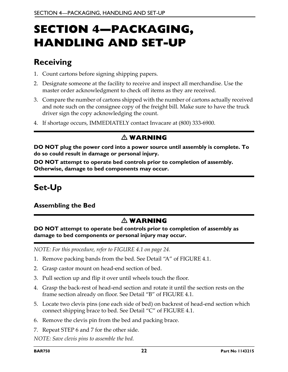 Section 4—packaging, handling and set-up, Receiving set-up, Assembling the bed | Receiving, Set-up | Invacare BAR750 User Manual | Page 22 / 32