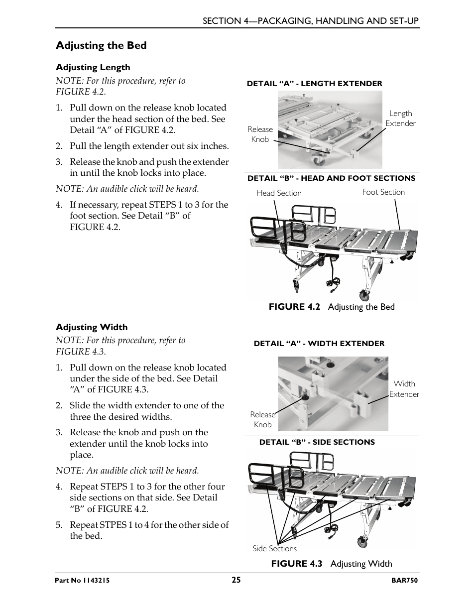 Adjusting the bed, Adjusting length 25, Adjusting width 25 | Invacare BAR750 User Manual | Page 25 / 32