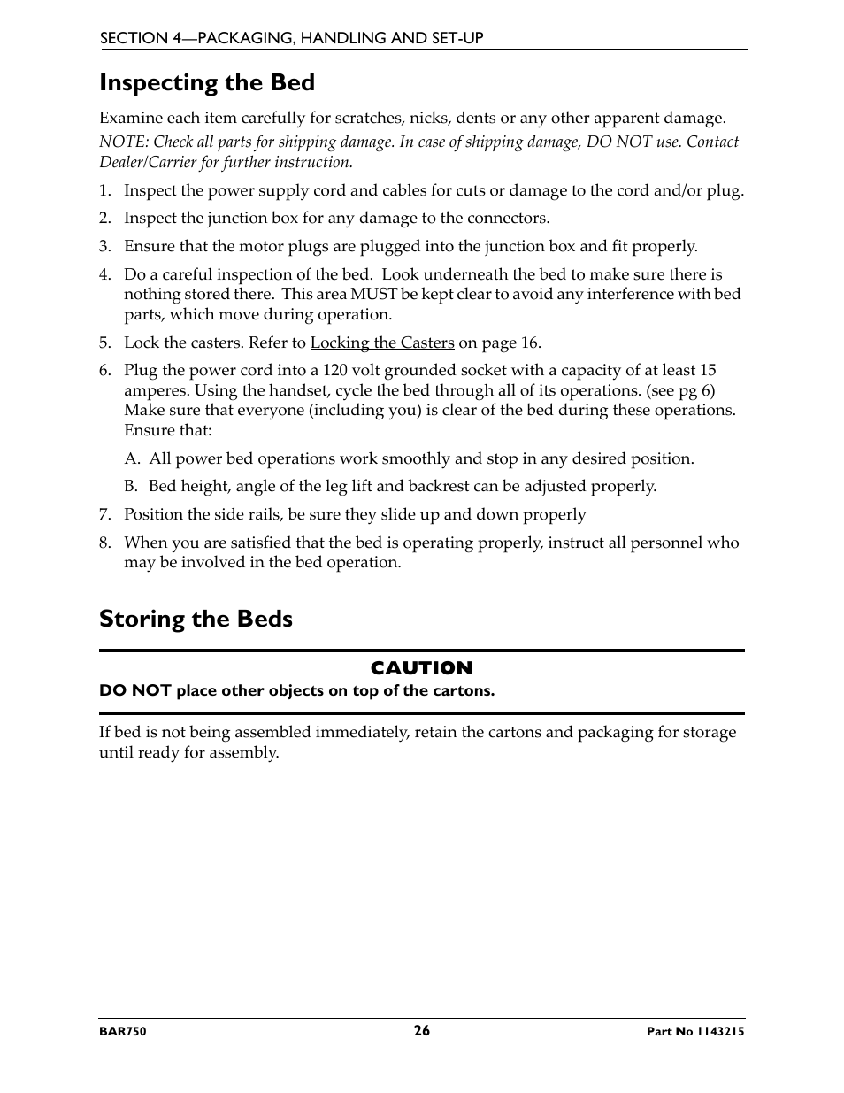 Inspecting the bed storing the beds, Inspecting the bed, Storing the beds | Invacare BAR750 User Manual | Page 26 / 32