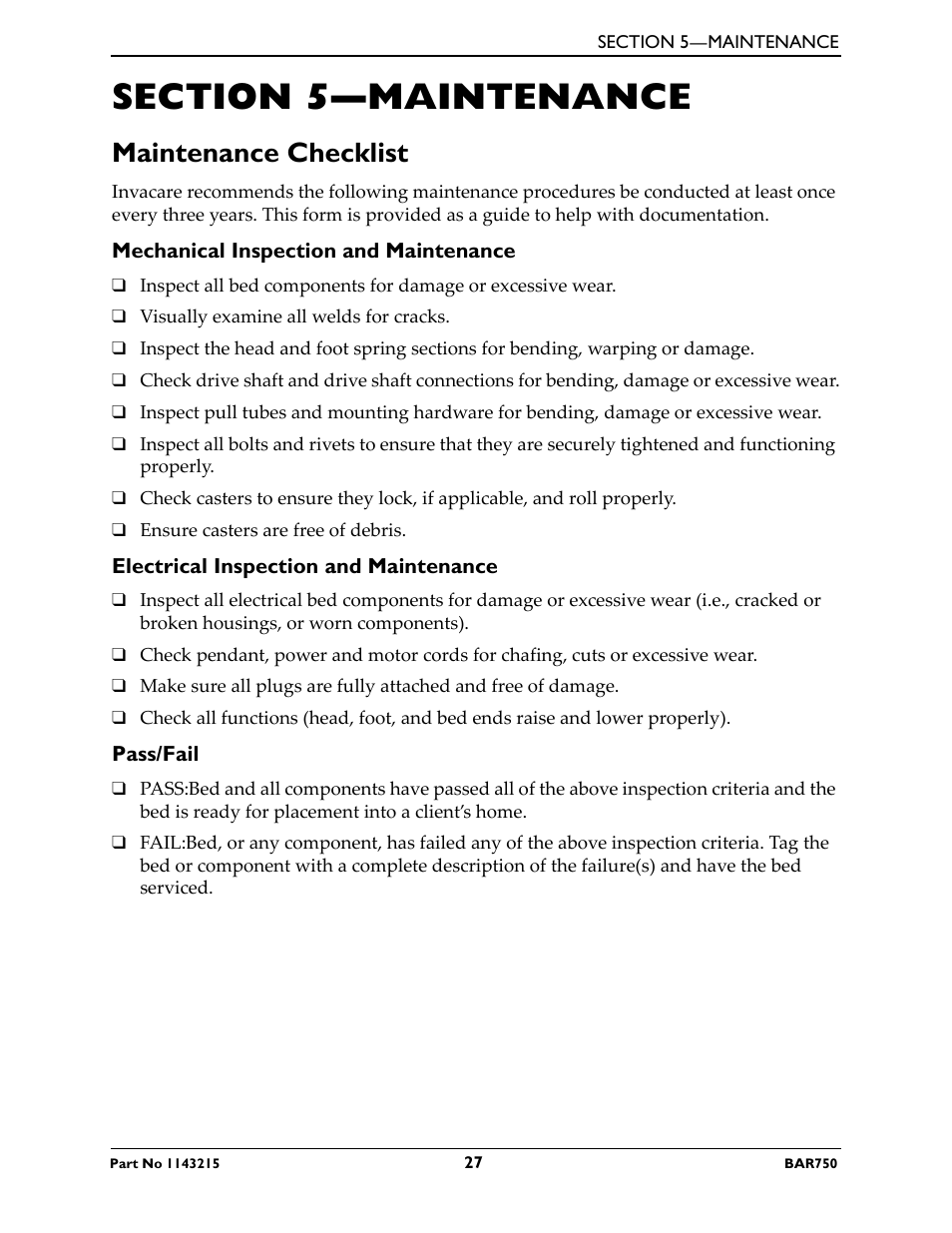 Section 5—maintenance, Maintenance checklist, Mechanical inspection and maintenance | Electrical inspection and maintenance, Pass/fail | Invacare BAR750 User Manual | Page 27 / 32