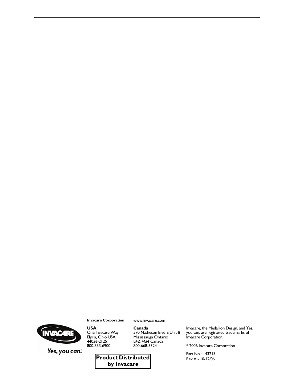 Part no 1143215, Product distributed by invacare 32, Product distributed by invacare | Invacare BAR750 User Manual | Page 32 / 32