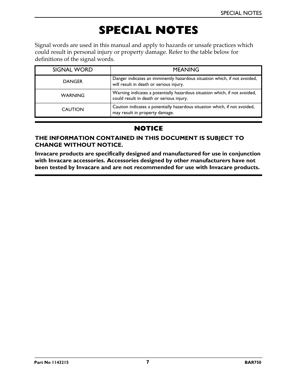 Special notes | Invacare BAR750 User Manual | Page 7 / 32