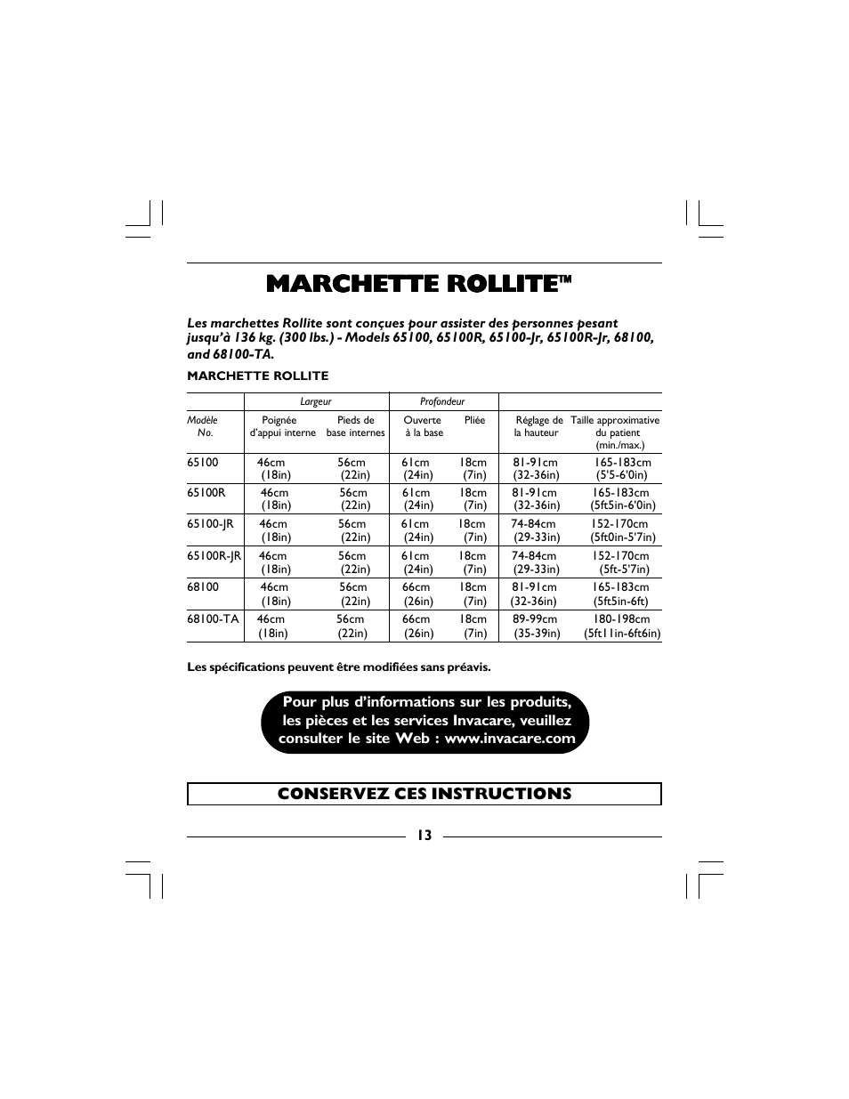 Marchette rollite | Invacare 68100 User Manual | Page 13 / 40