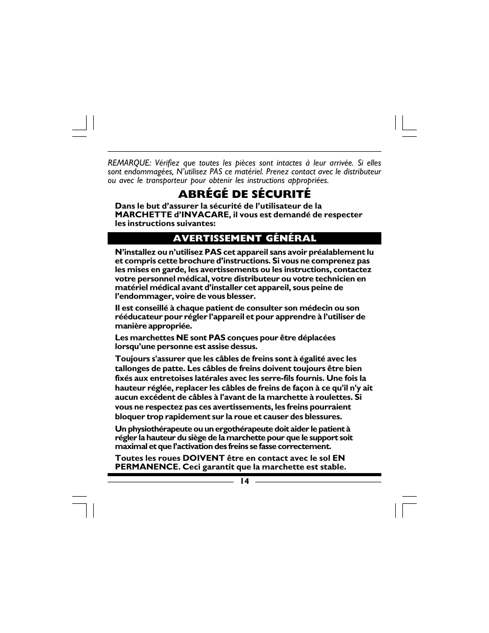 Abrégé de sécurité | Invacare 68100 User Manual | Page 14 / 40