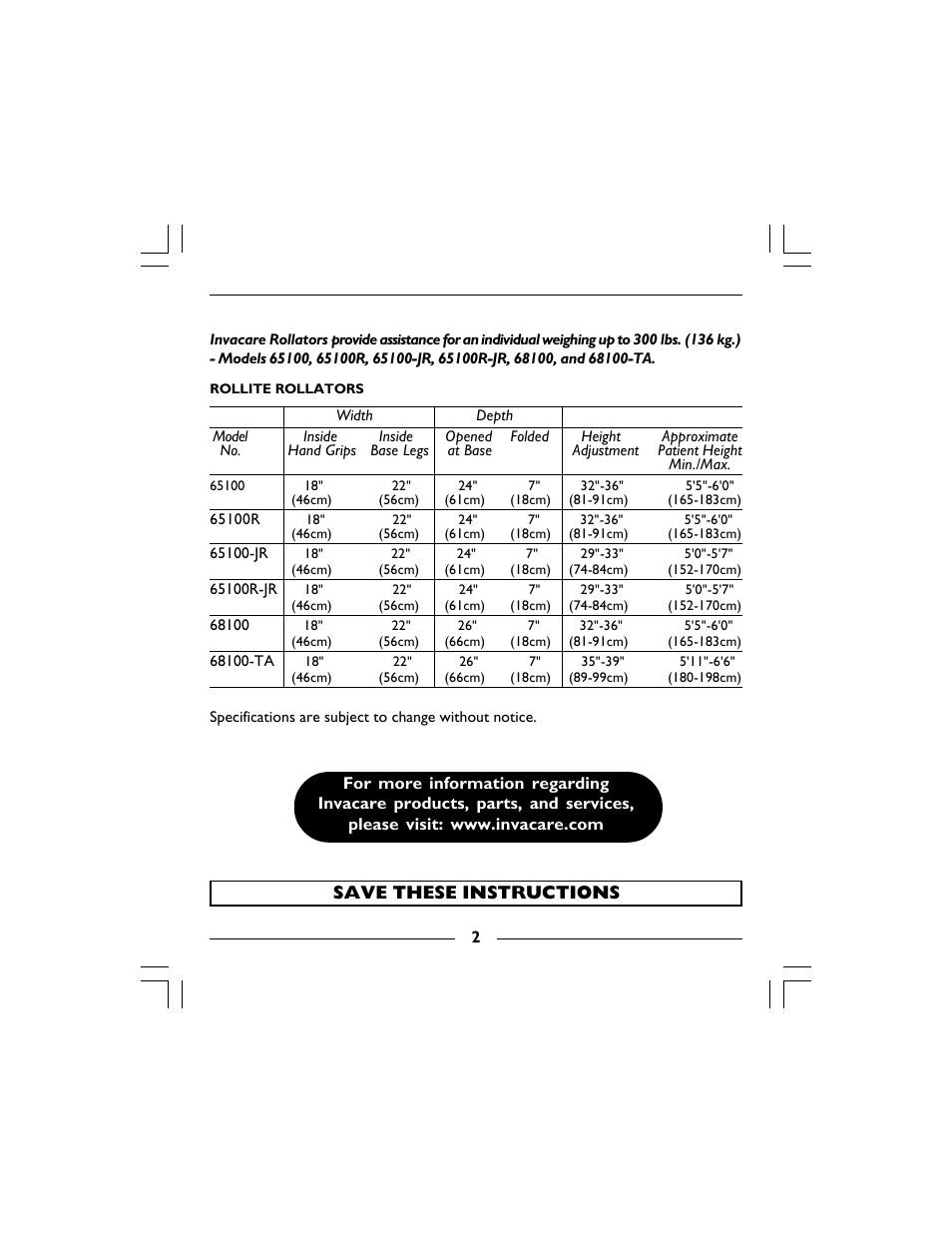 Invacare 68100 User Manual | Page 2 / 40