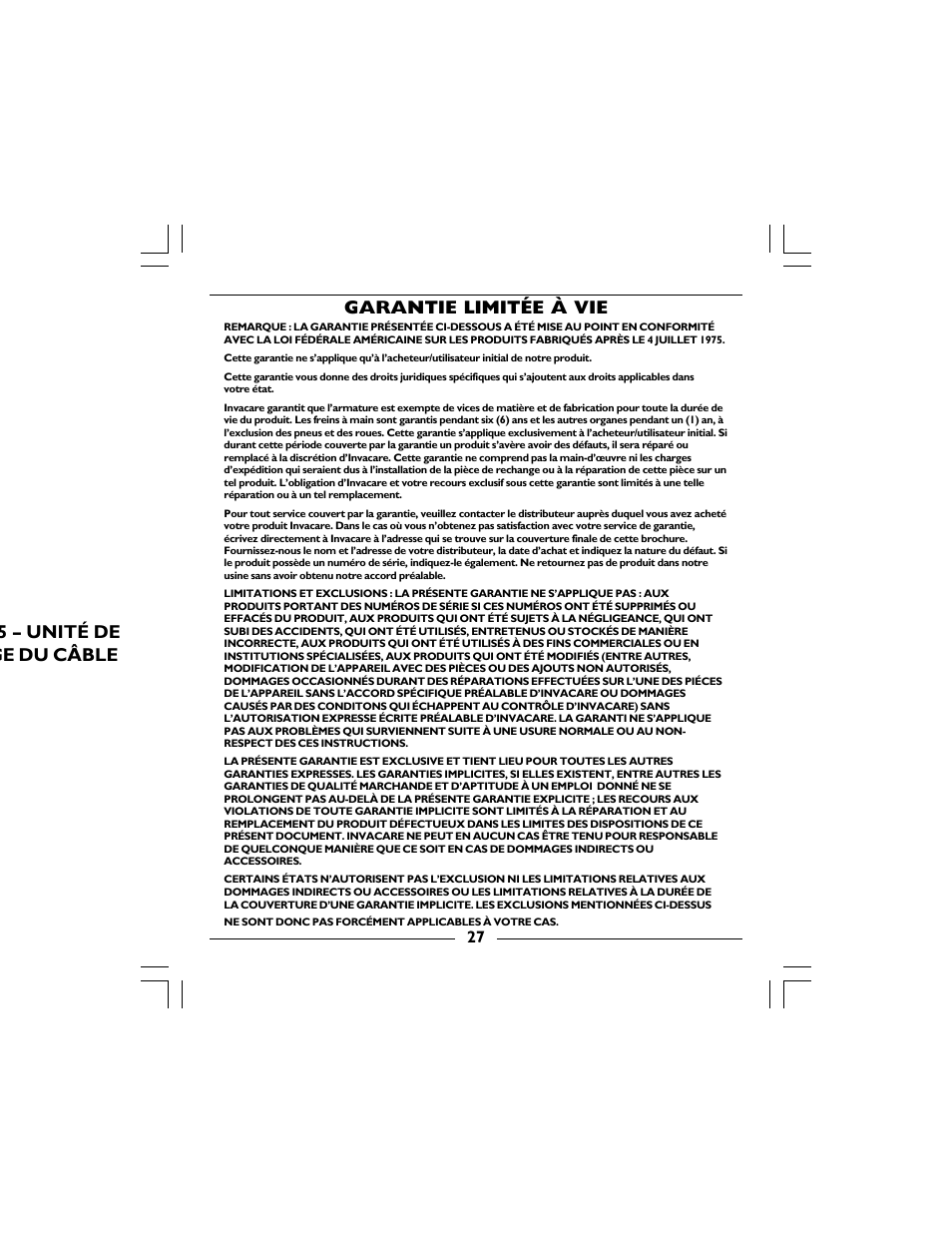 Garantie limitée à vie, 5 – unité de ge du câble | Invacare 68100 User Manual | Page 27 / 40