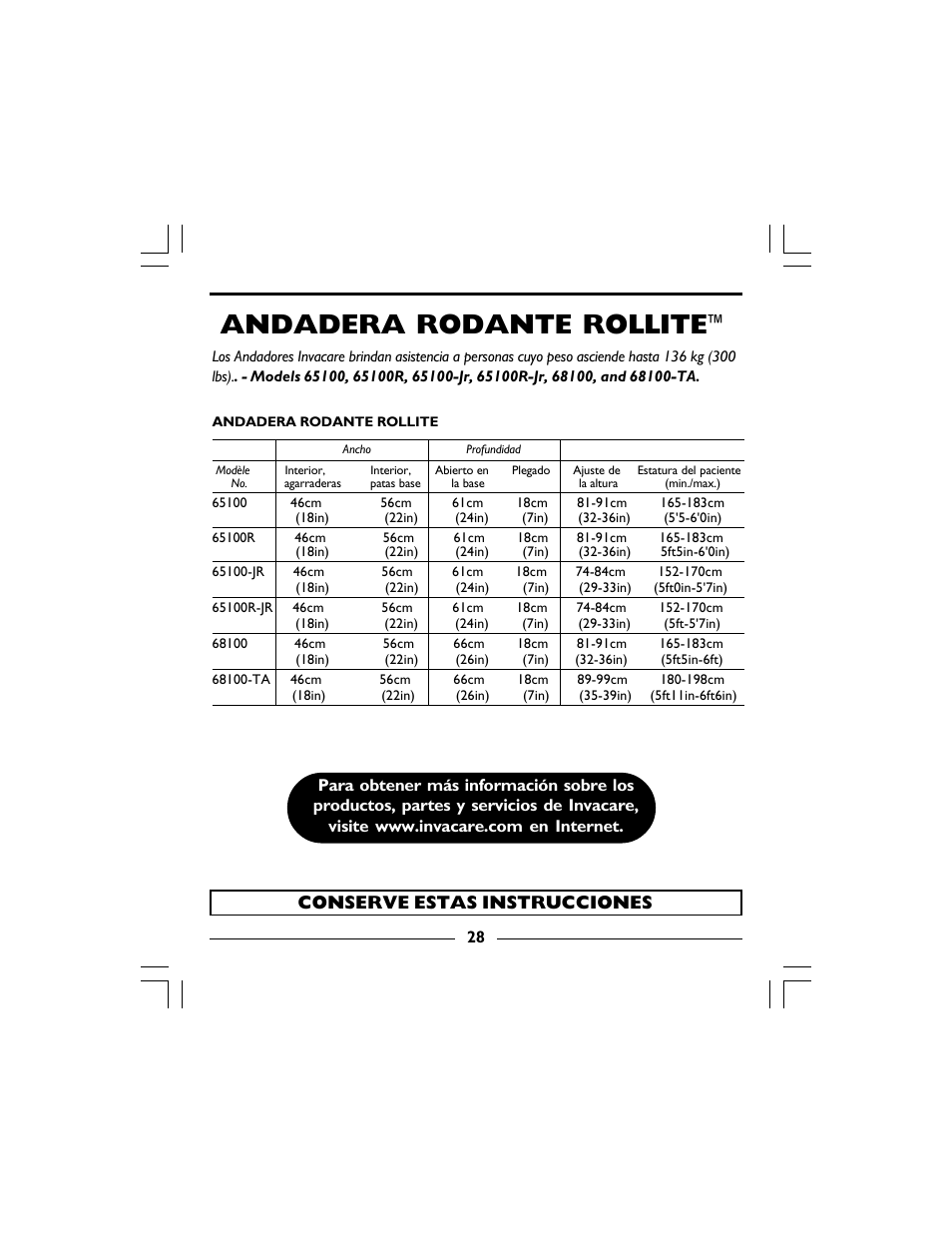 Andadera rodante rollite | Invacare 68100 User Manual | Page 28 / 40