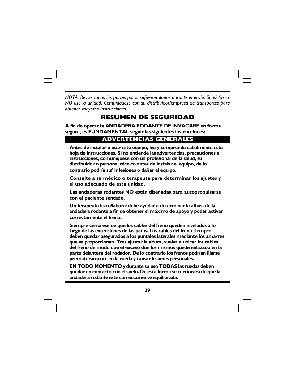 Resumen de seguridad | Invacare 68100 User Manual | Page 29 / 40