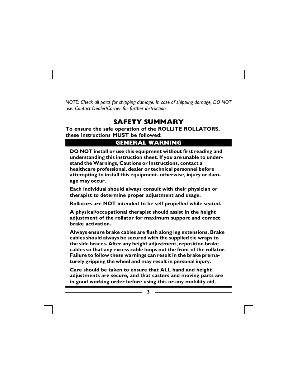 Safety summary | Invacare 68100 User Manual | Page 3 / 40