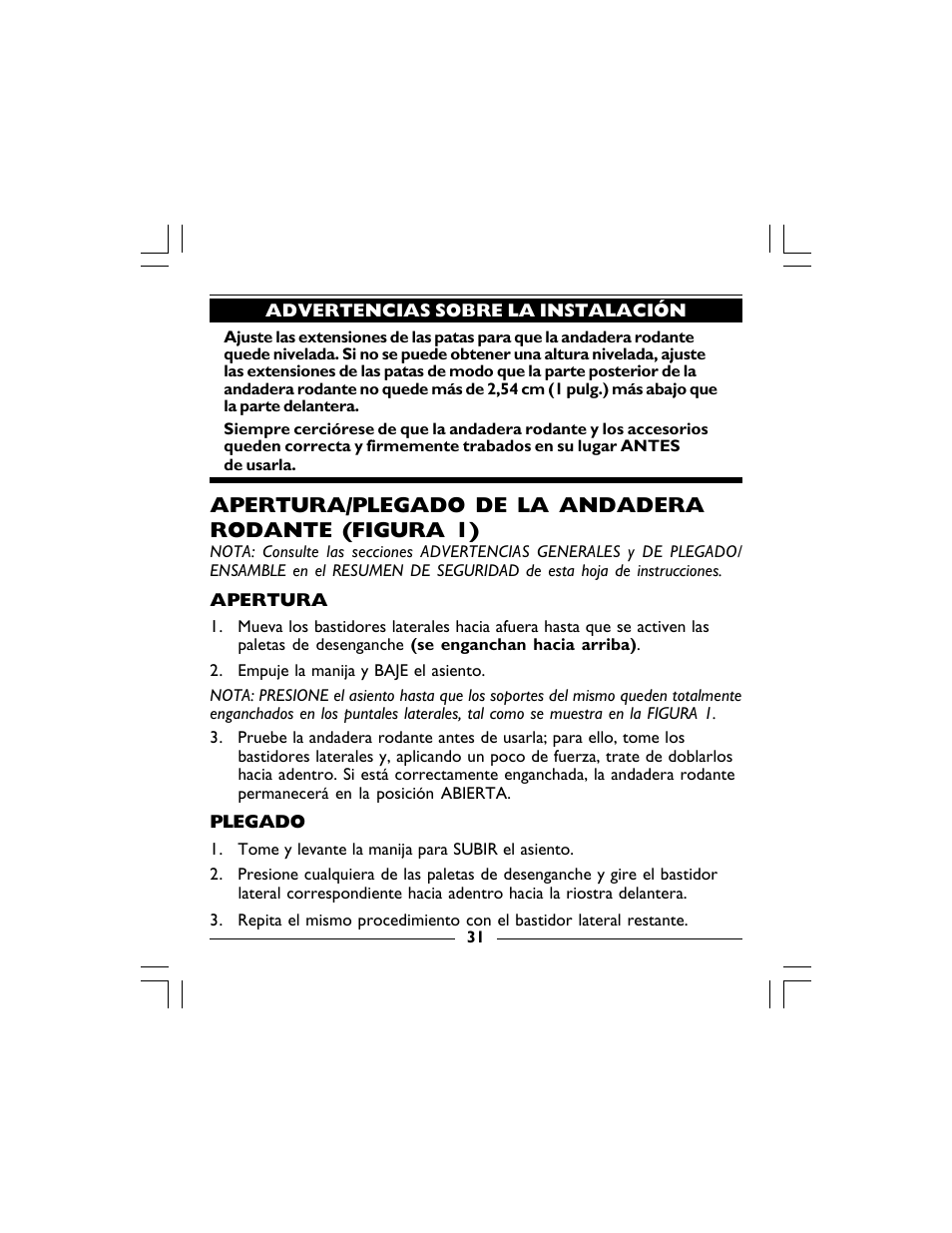 Apertura/plegado de la andadera rodante (figura 1) | Invacare 68100 User Manual | Page 31 / 40