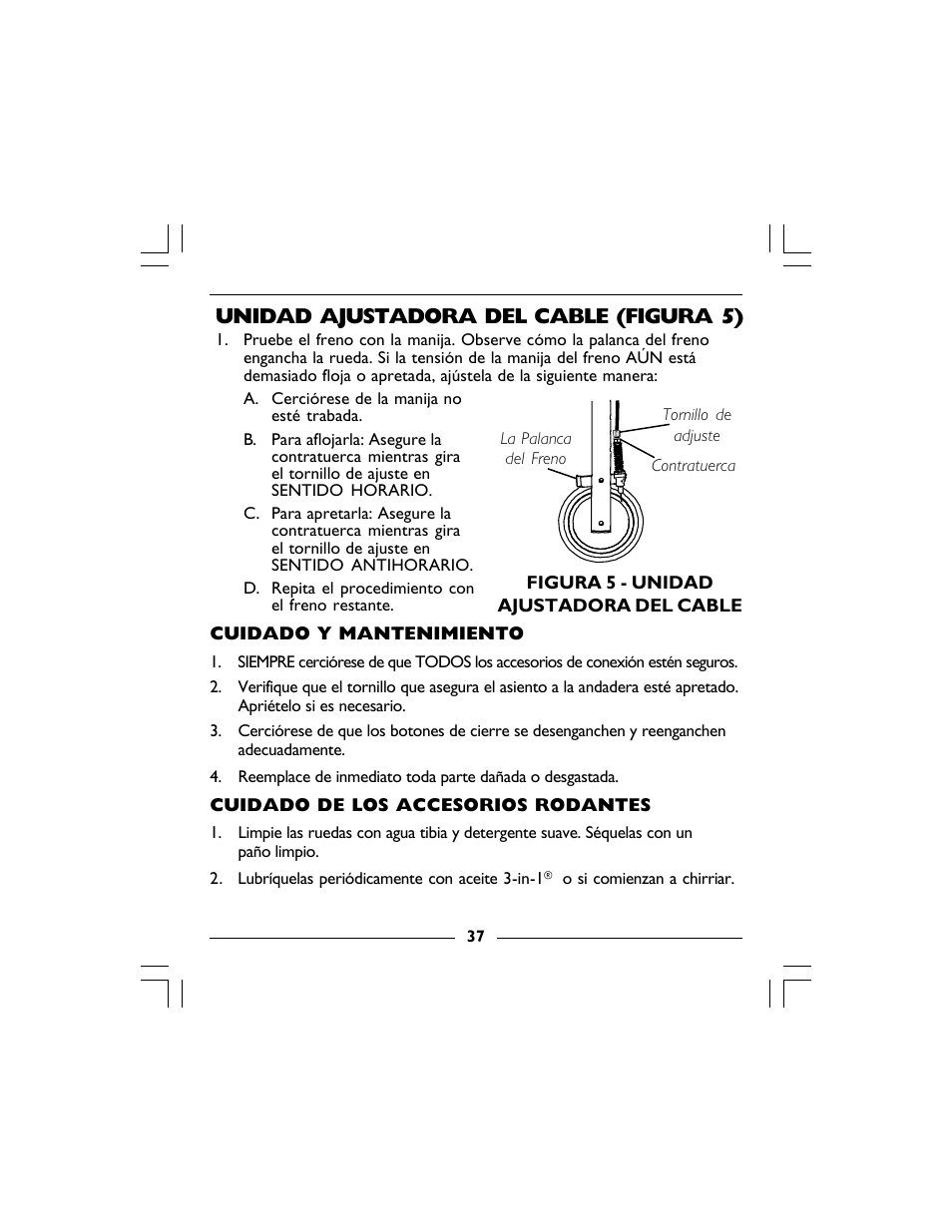 Unidad ajustadora del cable (figura 5) | Invacare 68100 User Manual | Page 37 / 40