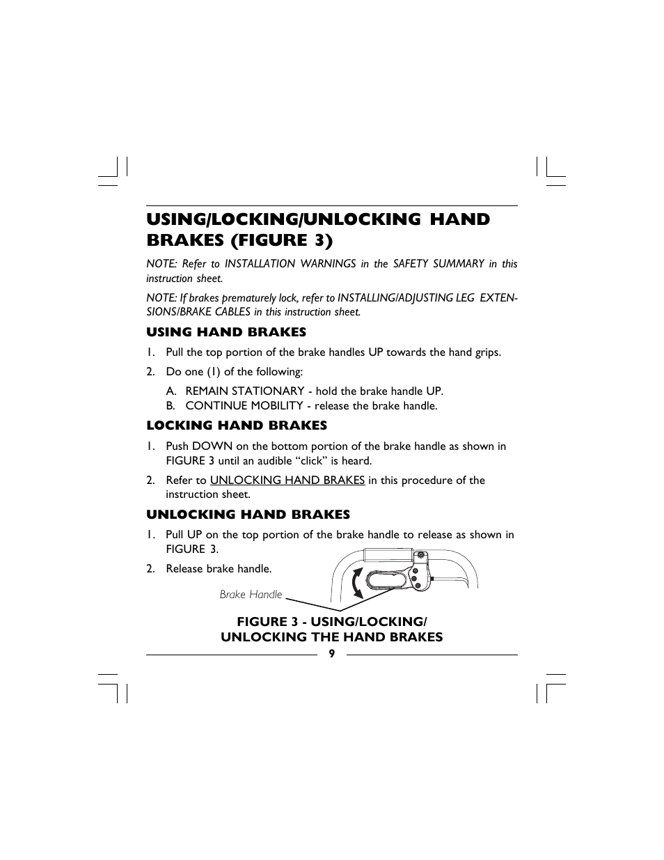 Using/locking/unlocking hand brakes (figure 3) | Invacare 68100 User Manual | Page 9 / 40