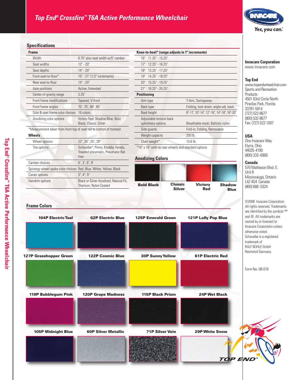 Top end, Crossfire, T6a active performance wheelchair | Cro ss fir e | Invacare Crossfire T6A User Manual | Page 6 / 6