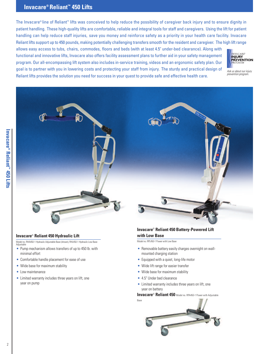 Invacare, Reliant, 450 lifts | Re lia n t, 45 0 li fts | Invacare Fitness Equipment User Manual | Page 2 / 16