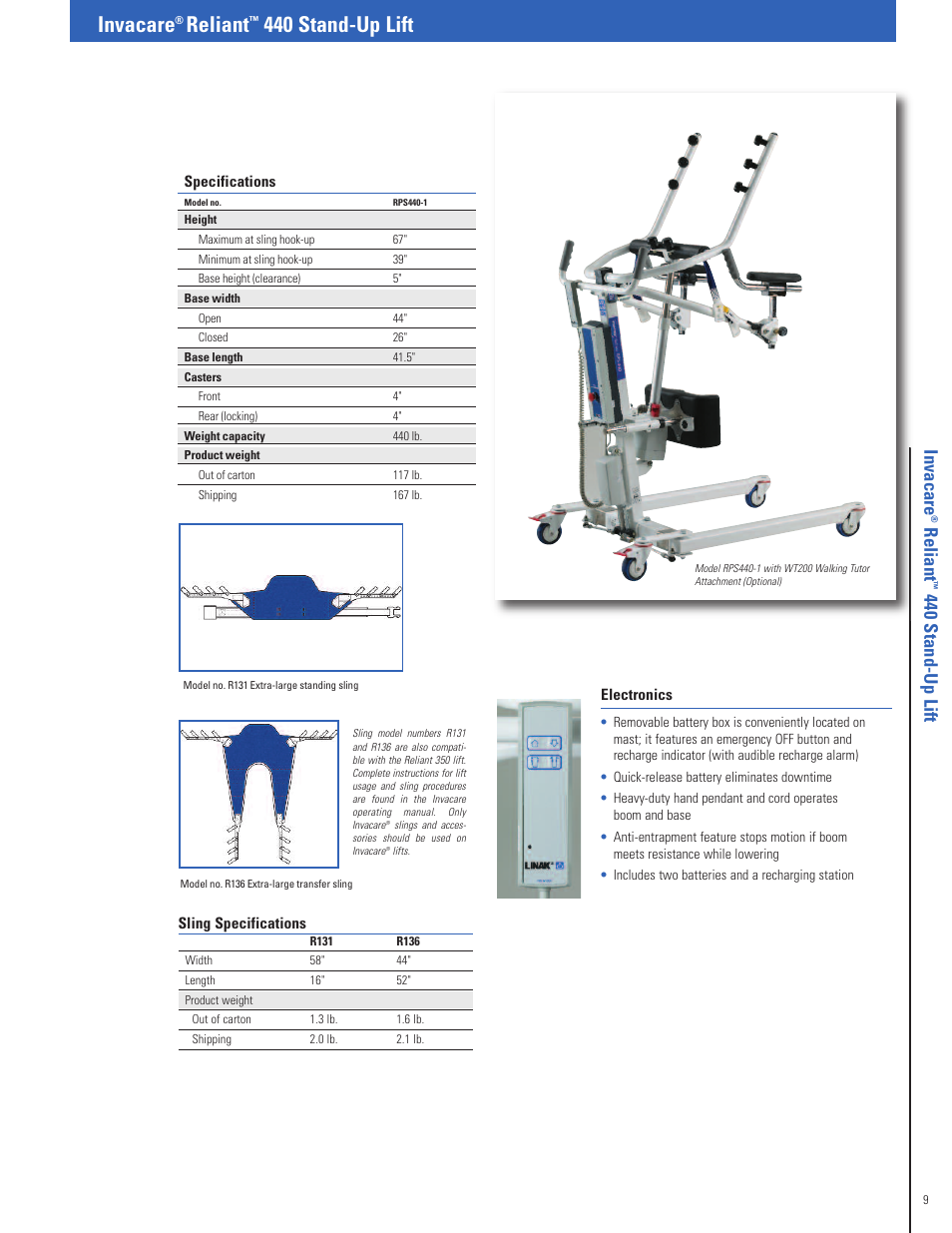 Invacare, Reliant, 440 stand-up lift | Re lia n t, 44 0 s ta n d -u p li ft | Invacare Fitness Equipment User Manual | Page 9 / 16