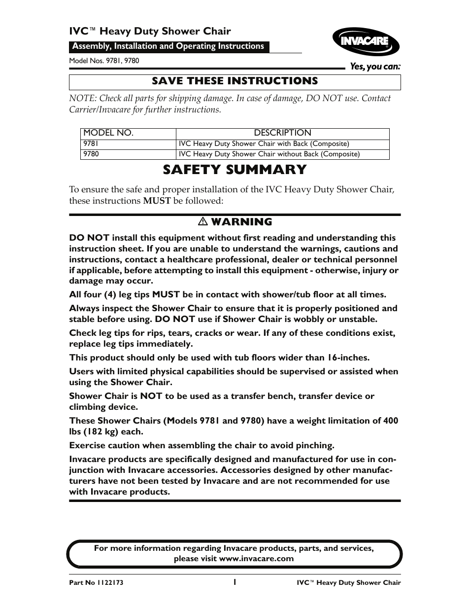 Invacare IVC Heavy Duty Shower Chair 9780 User Manual | 16 pages